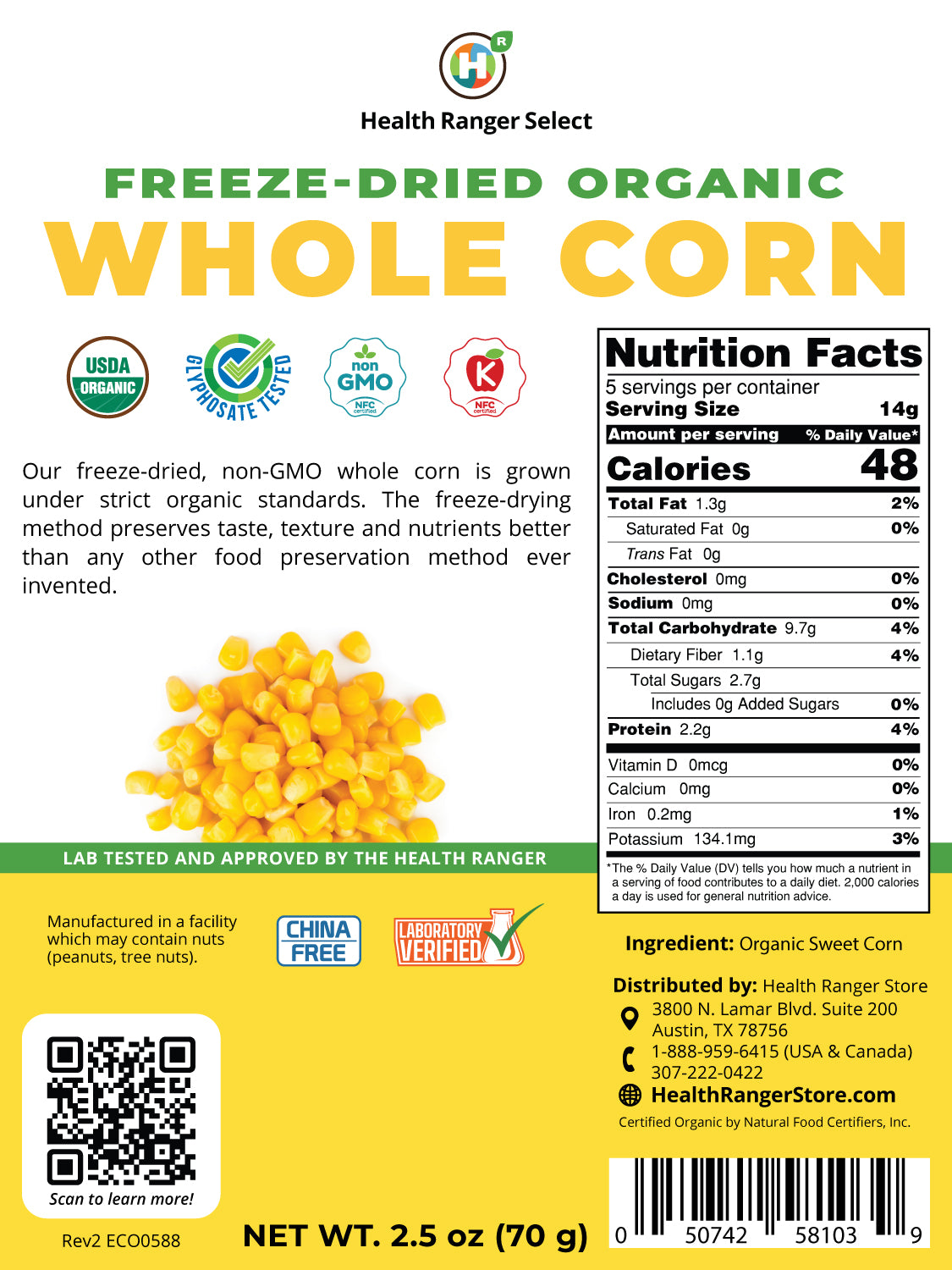 Freeze-Dried Organic Whole Corn 2.5 oz (70g)