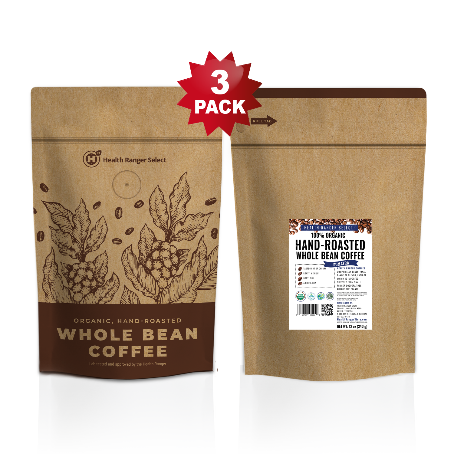 100% Organic Hand-Roasted Whole Bean Coffee (Sumatra) 12oz, 340g (3-Pack)