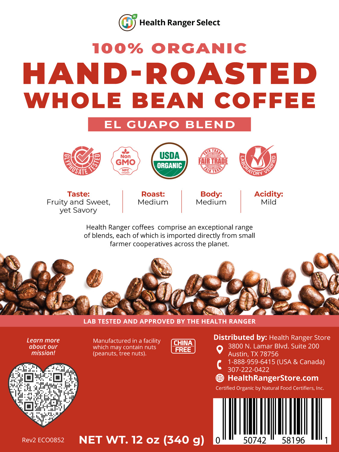 100% Organic Hand-Roasted Whole Bean Coffee (El Guapo Blend) 12oz, 340g (6-Pack)