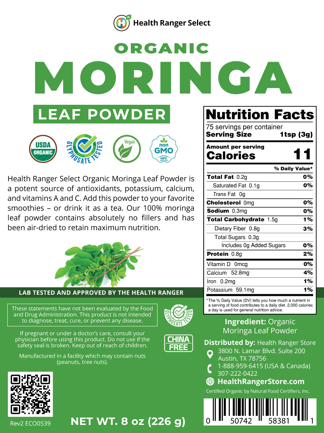 Organic Moringa Leaf Powder 8 oz (226g)