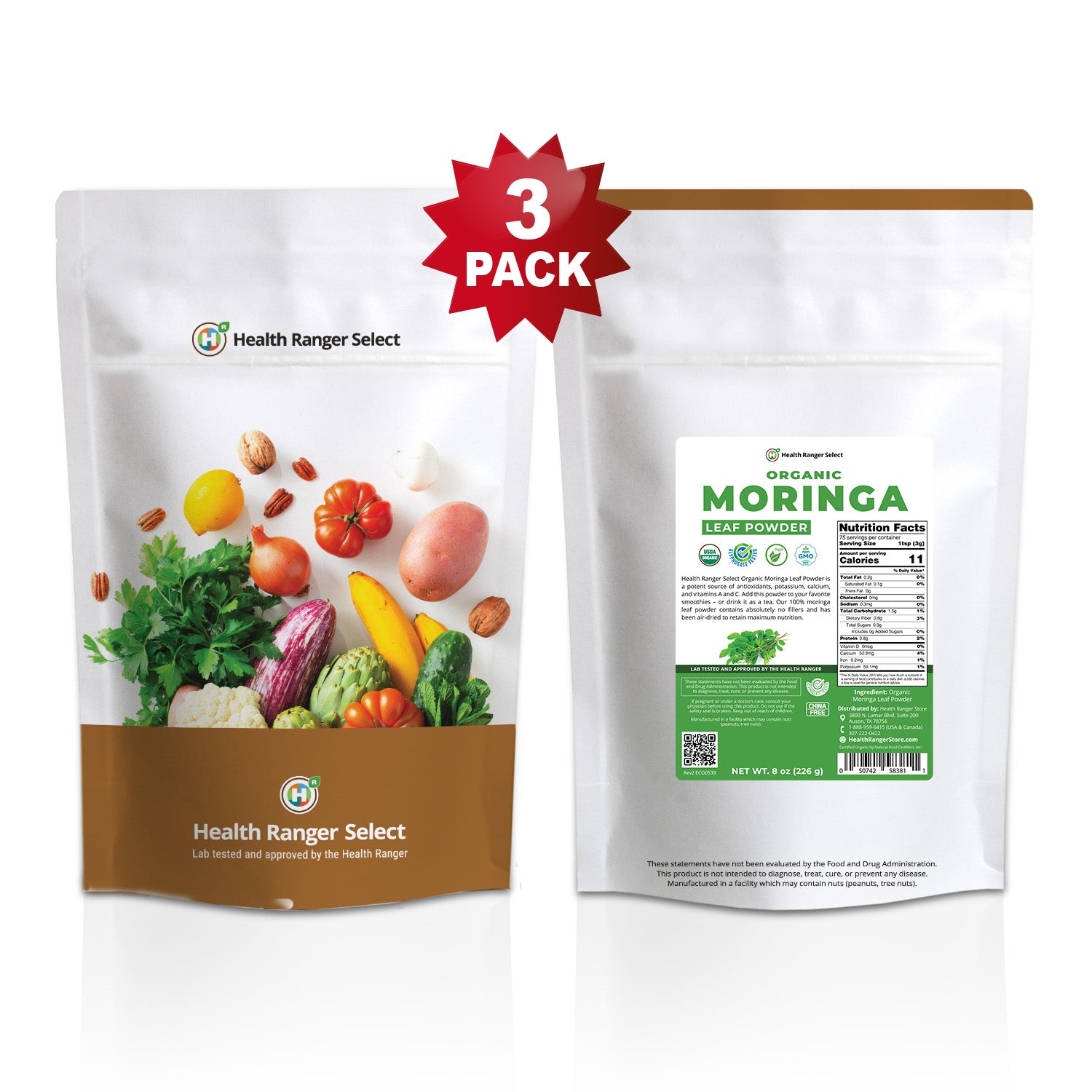 Organic Moringa Leaf Powder 8 oz (226g) (3-Pack)