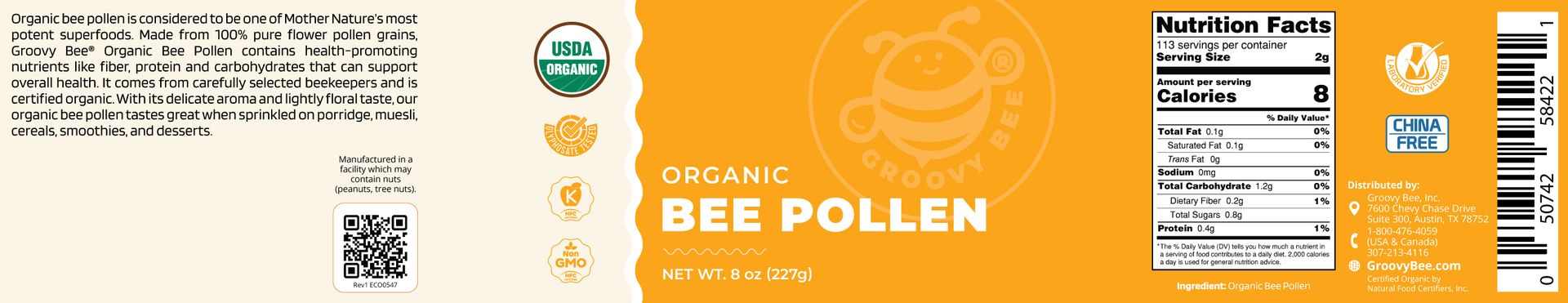 Organic Bee Pollen - Groovy Bee® 8oz (227g)