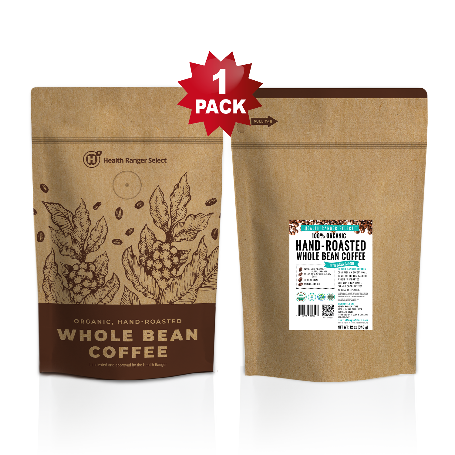 100% Organic Hand-Roasted Whole Bean Coffee (Low Acid Blend) 12oz, 340g