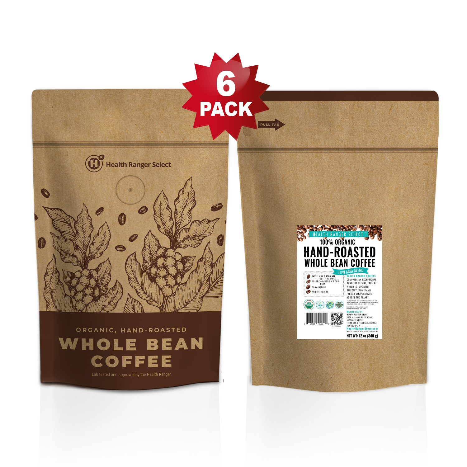 100% Organic Hand-Roasted Whole Bean Coffee (Low Acid Blend) 12oz, 340g (6-Pack)