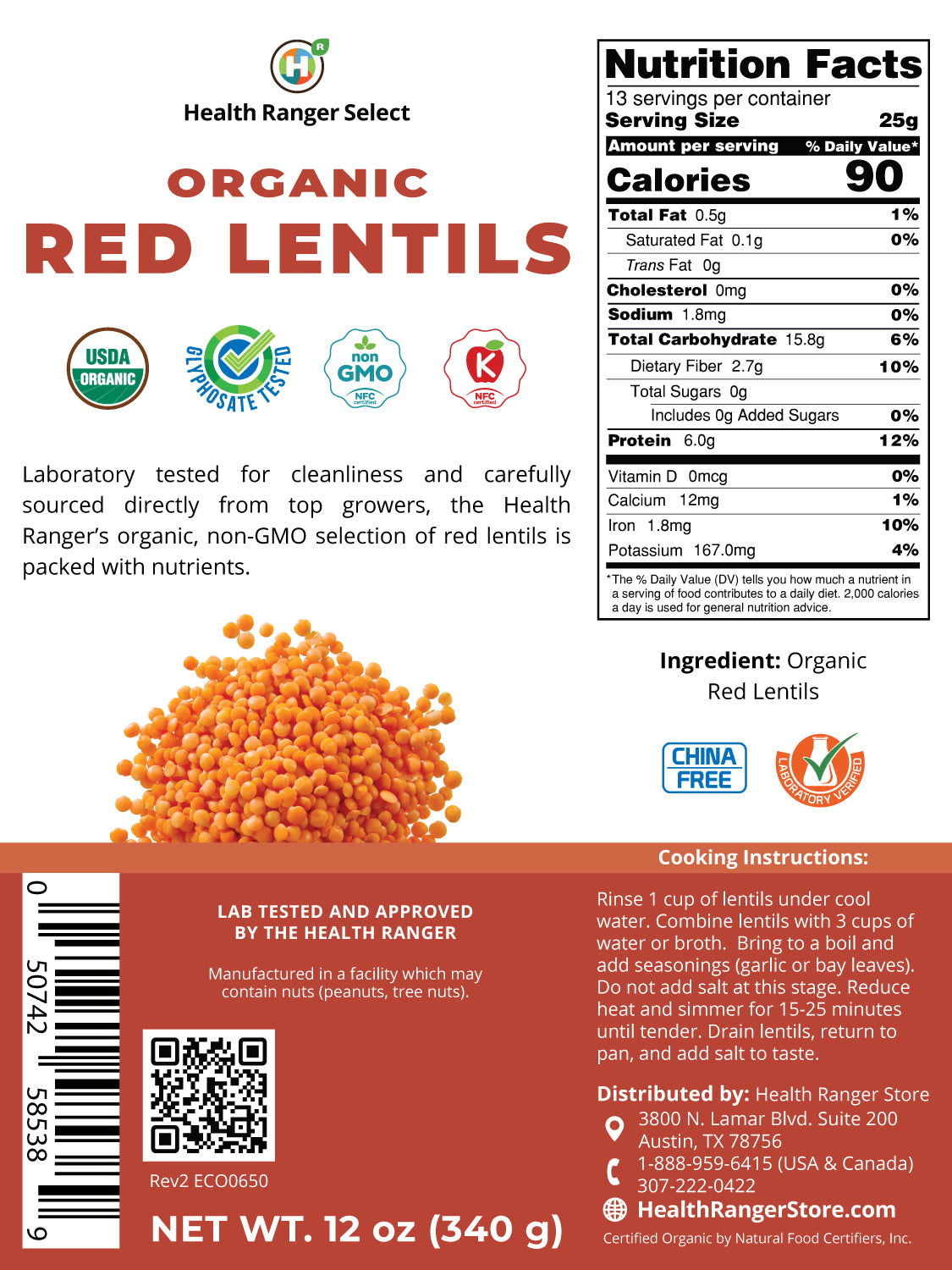 Organic Red Lentils 12 oz (340g)