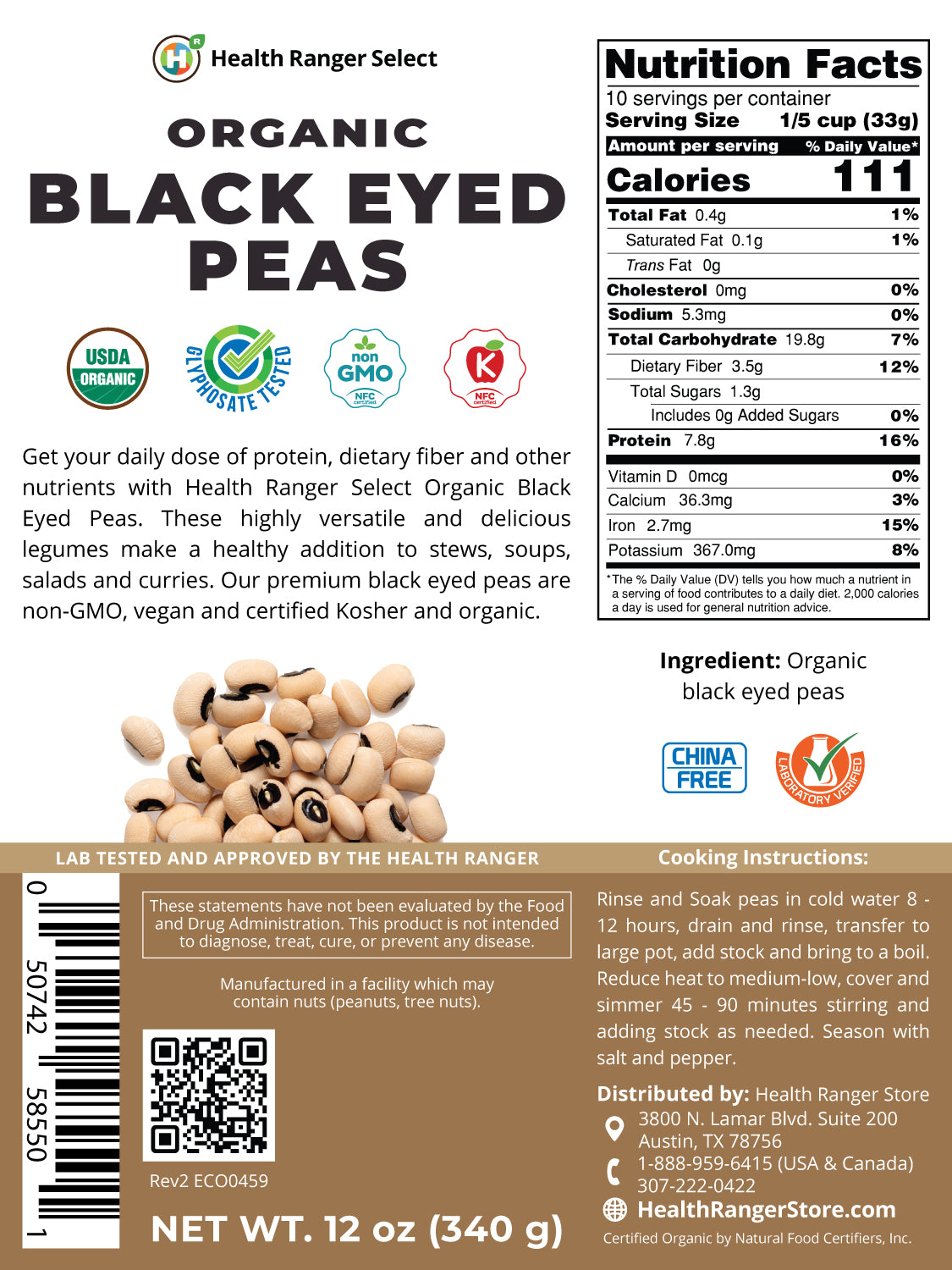 Organic Black Eyed Peas 12 oz (340 g) (3-Pack)