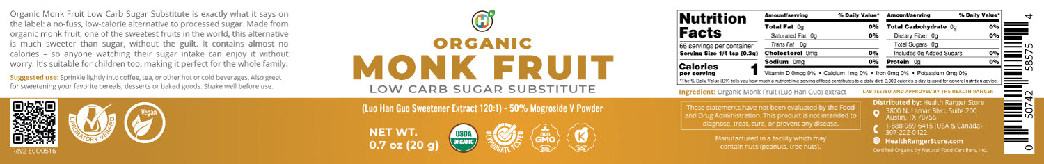 Organic Monk Fruit Extract Powder - Low Carb Sugar Substitute 0.7oz (20g)