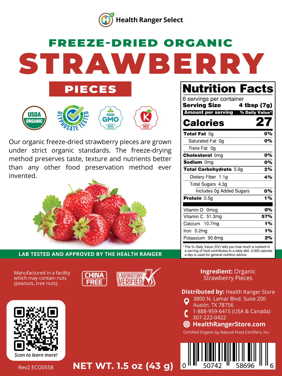 Freeze-Dried Organic Strawberry Pieces 1.5 oz (43 g)