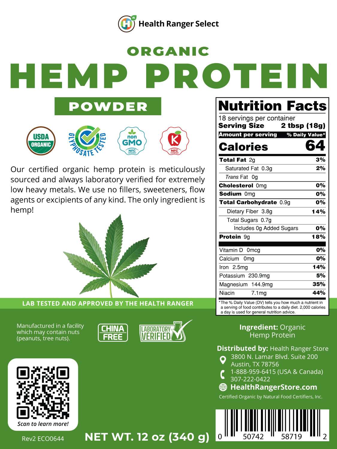 Organic Hemp Protein Powder 12 oz (340 g)