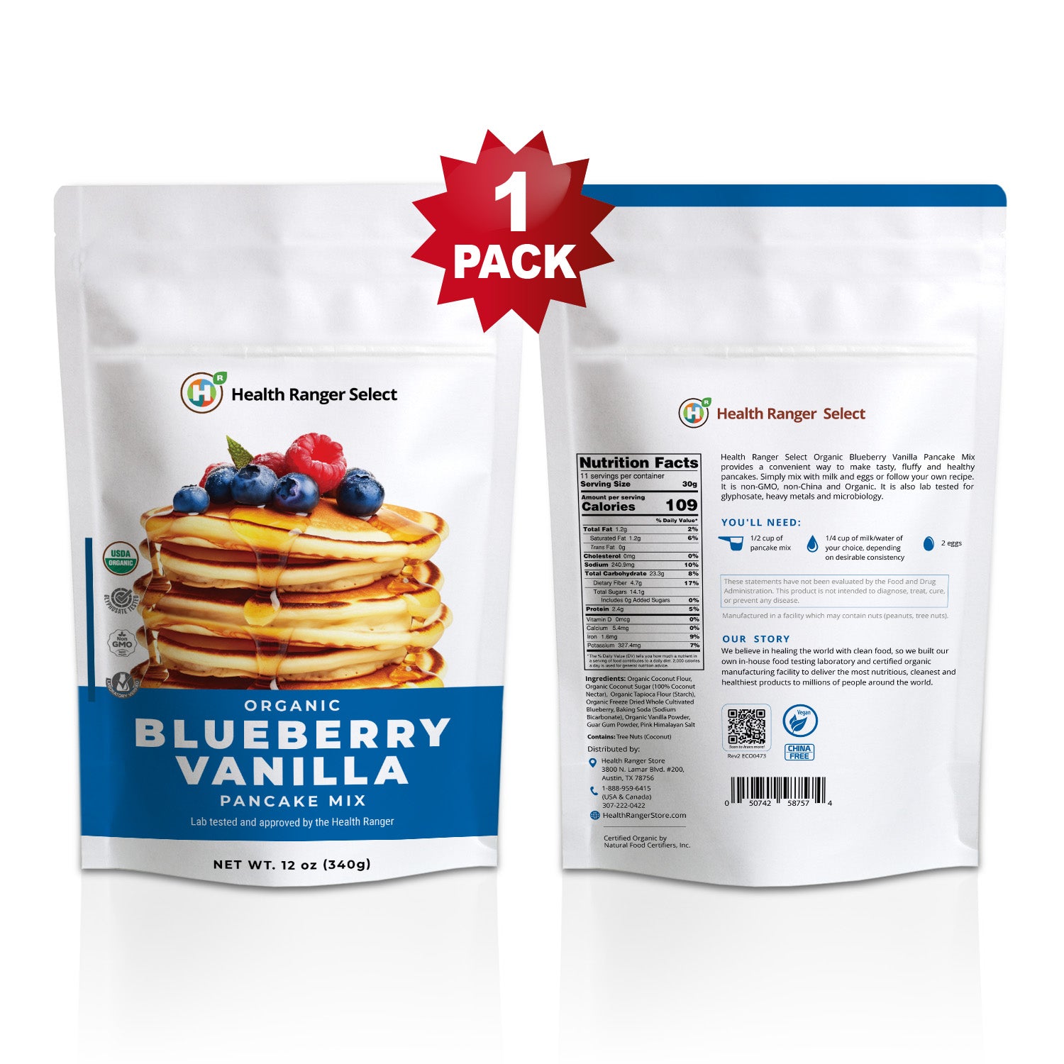 Gluten Free Organic Blueberry Vanilla Pancake Mix 12 oz (340g)