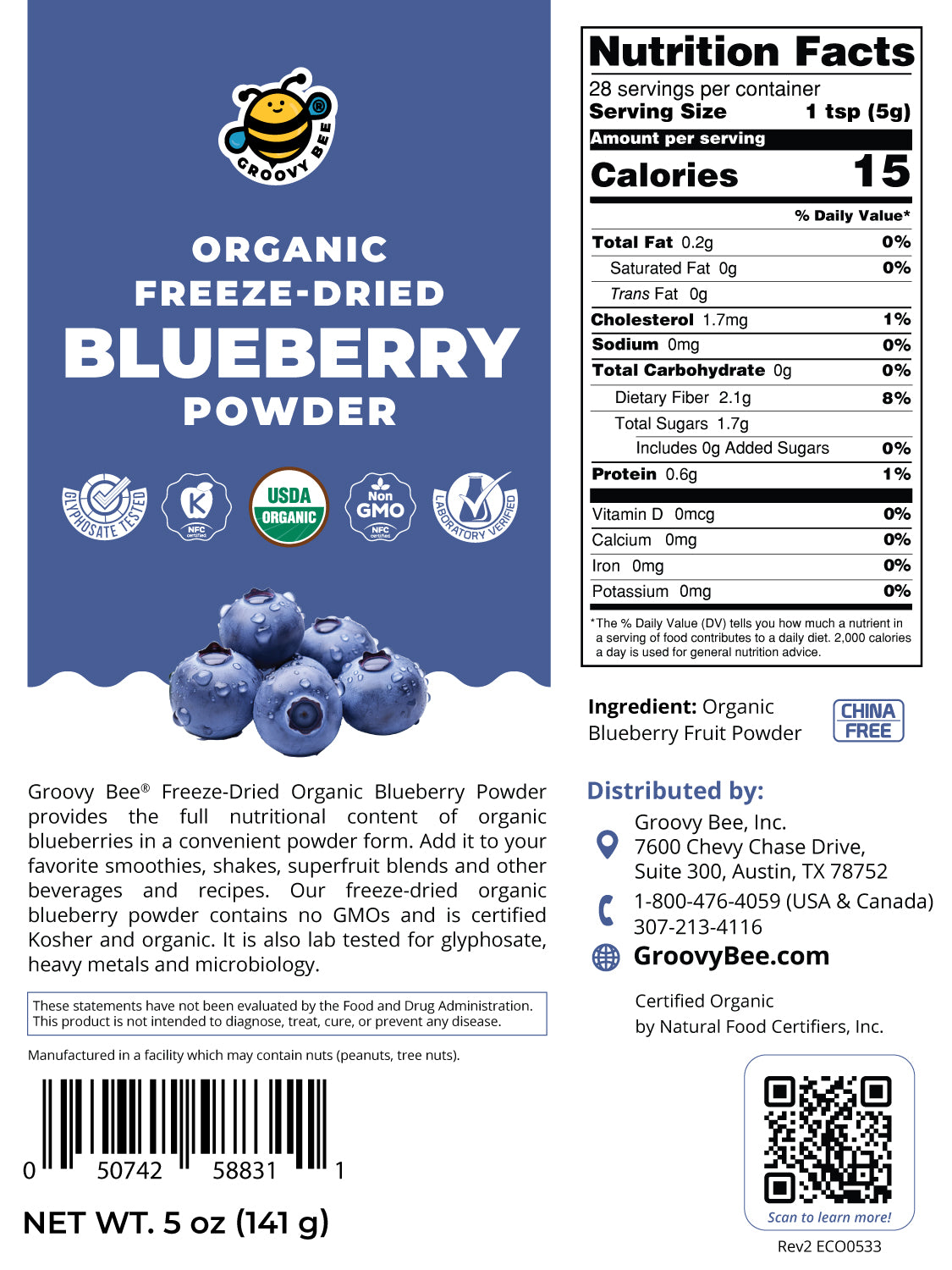 Freeze-Dried Organic Blueberry Powder 5oz (141g)