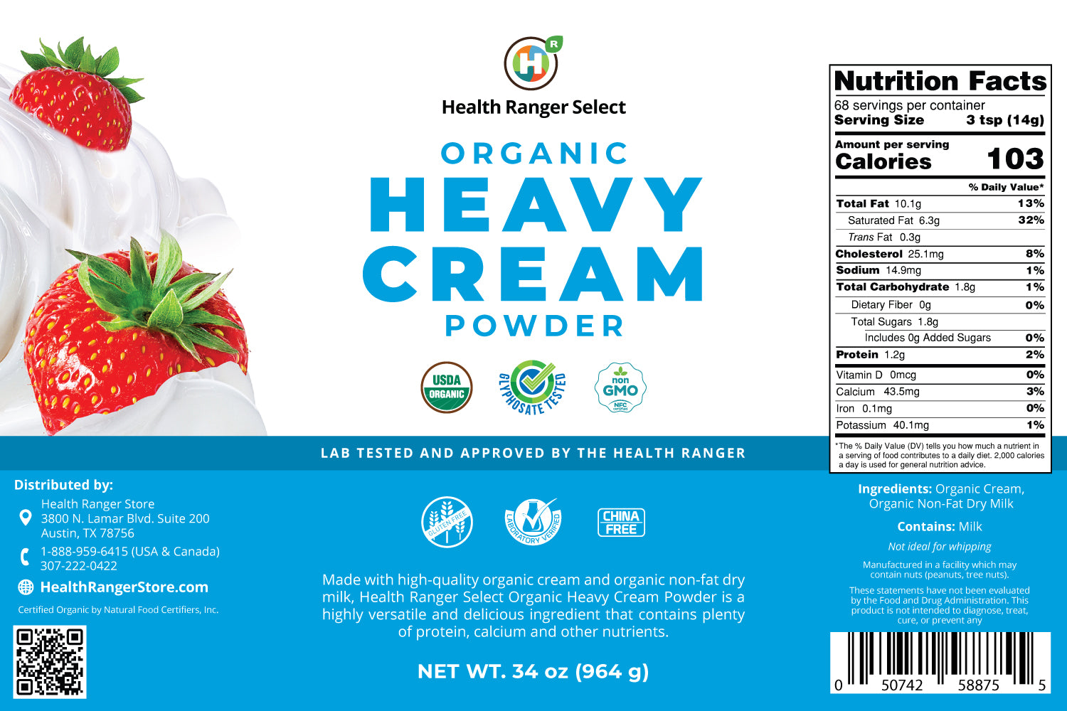 Organic Heavy Cream Powder (34oz, 