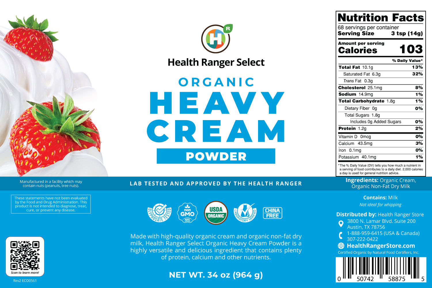 Organic Heavy Cream Powder (34oz, 