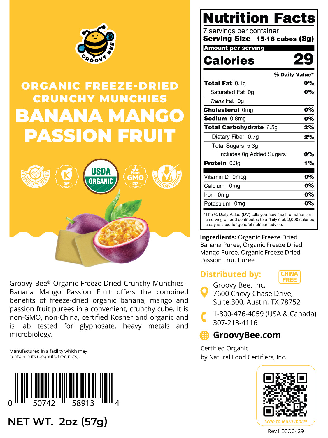 Organic Freeze-Dried Crunchy Munchies Banana Mango Passion Fruit 2 oz (57g) (6-Pack)