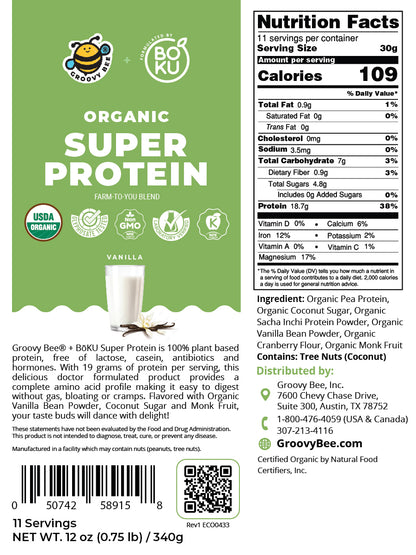 Organic Super Protein - Vanilla  12oz (0.75 lb) / 340 g (3-Pack)