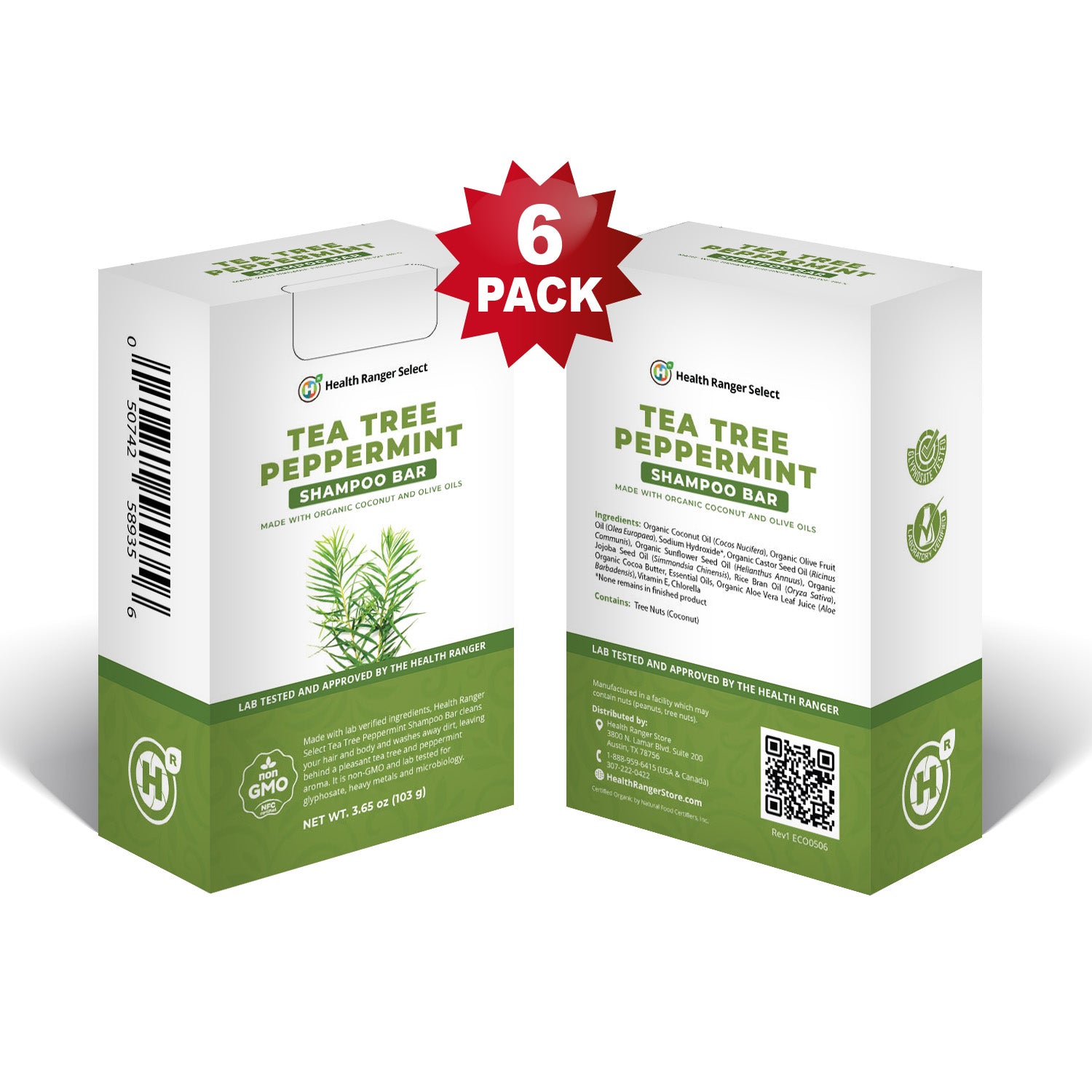 Organic Tea Tree Peppermint Shampoo Bar 3.65 oz (103g) (6-Pack)