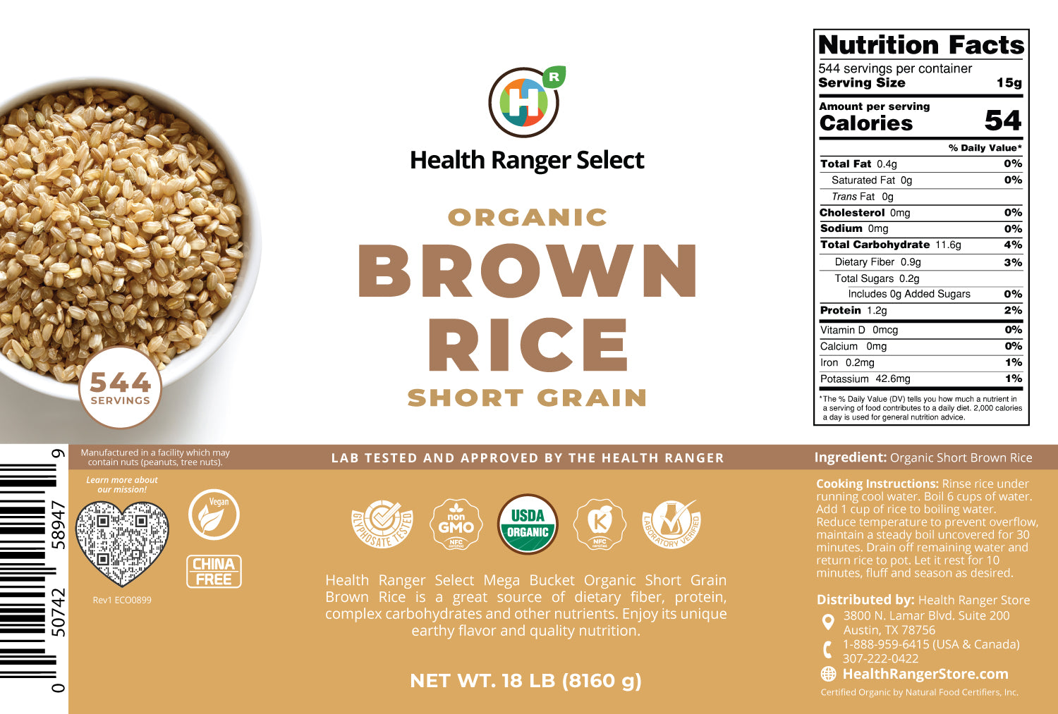 Mega Bucket Organic Short Grain Brown Rice 18 LB (8160 g)