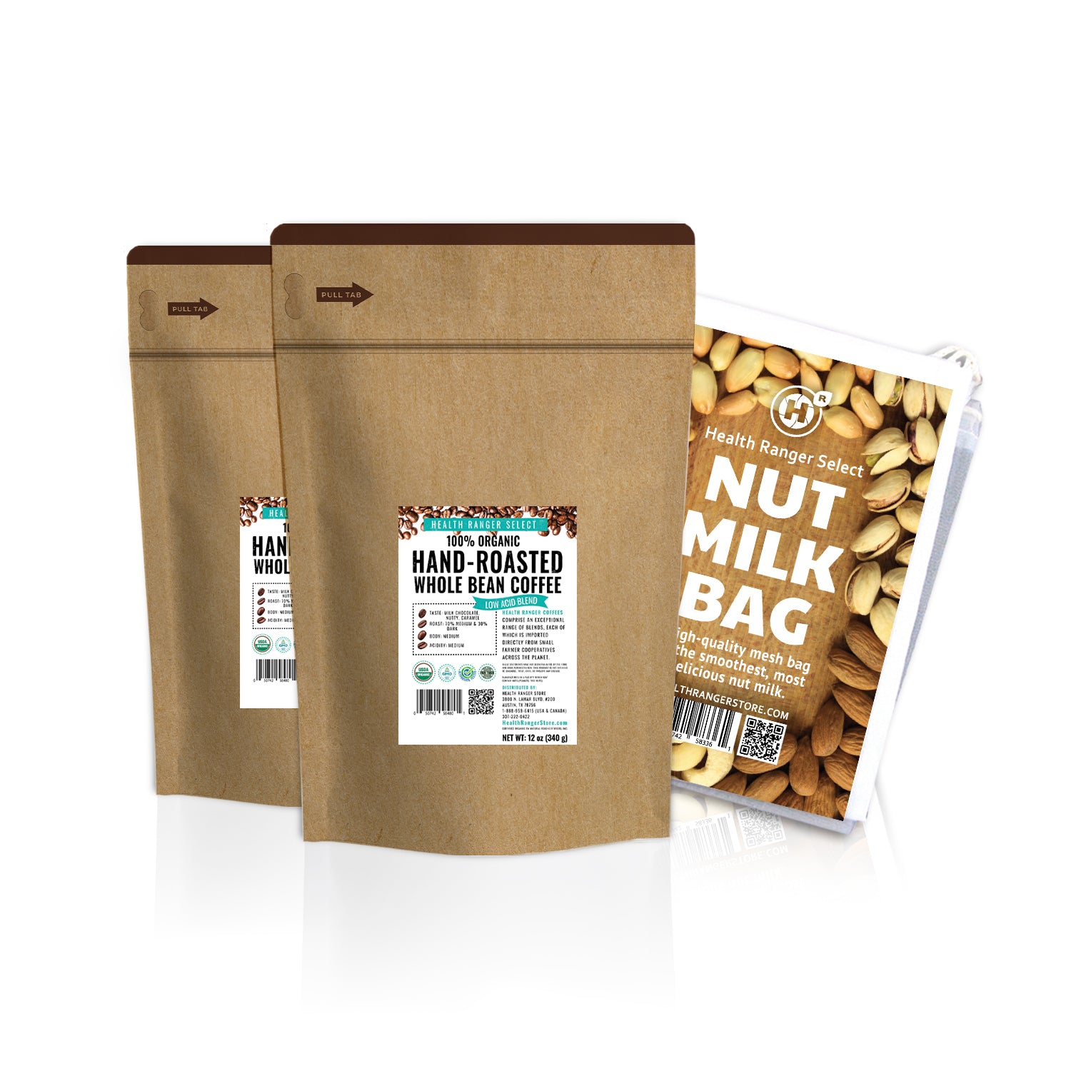 100% Organic Hand-Roasted Whole Bean Coffee (Low Acid Blend) 12oz, 340g (2-Pack) + Nut-Milk / Sprouting Bag