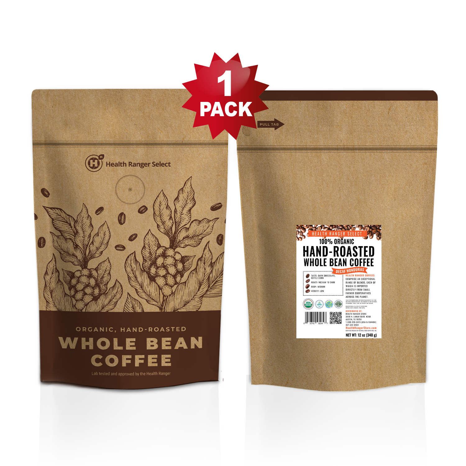 100% Organic Hand-Roasted Whole Bean Coffee (Decaf Honduras) 12oz, (340g)
