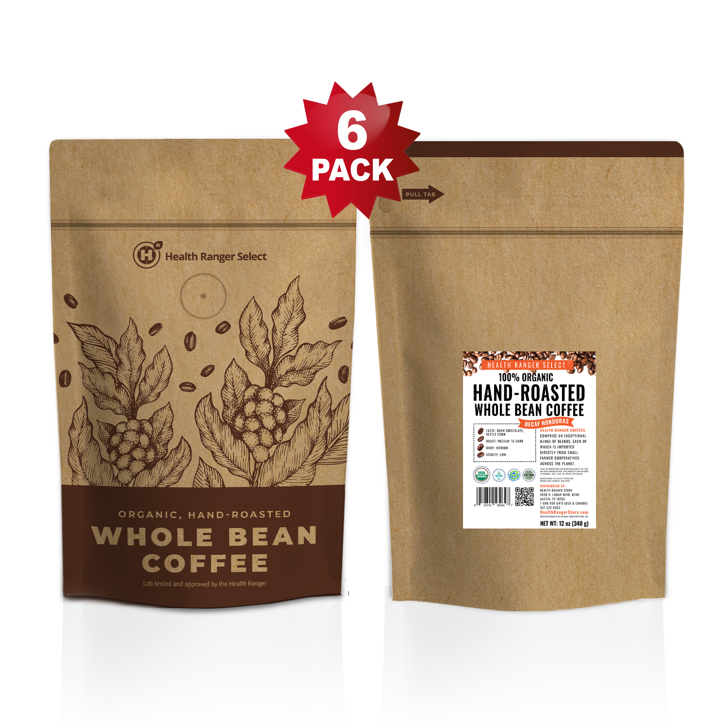 100% Organic Hand-Roasted Whole Bean Coffee (Decaf Honduras) 12oz, (340g) (6-Pack)